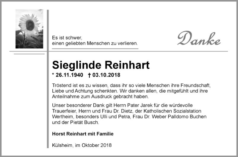  Traueranzeige für Sieglinde Reinhart vom 20.10.2018 aus Fränkische Nachrichten