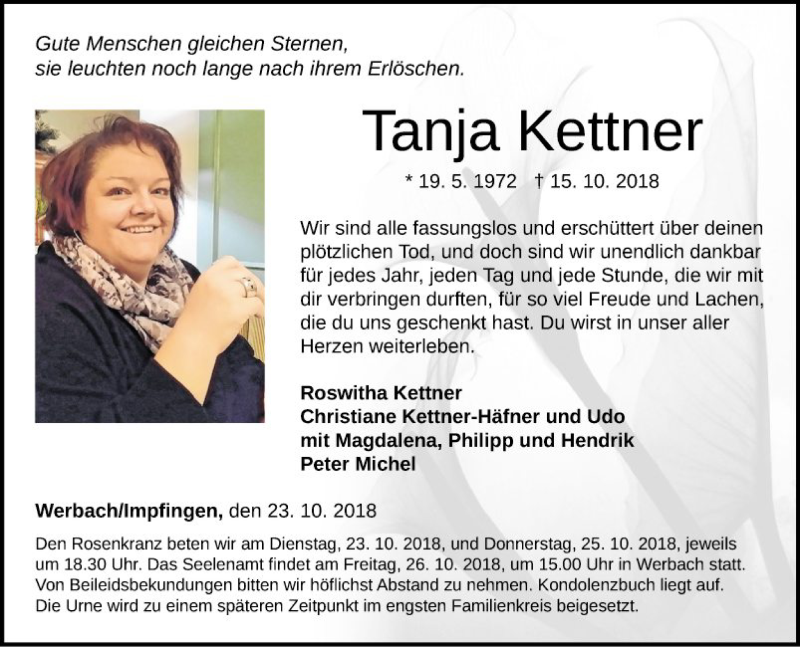  Traueranzeige für Tanja Kettner vom 23.10.2018 aus Fränkische Nachrichten