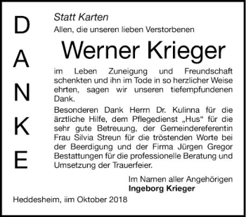 Traueranzeige von Werner Krieger von Mannheimer Morgen