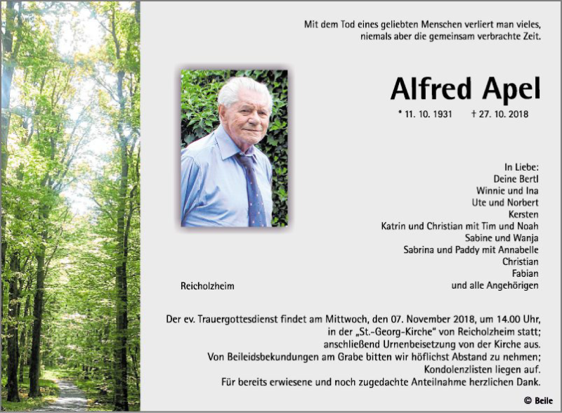  Traueranzeige für Alfred Apel vom 02.11.2018 aus Fränkische Nachrichten