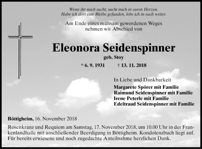  Traueranzeige für Eleonora Seidenspinner vom 16.11.2018 aus Fränkische Nachrichten