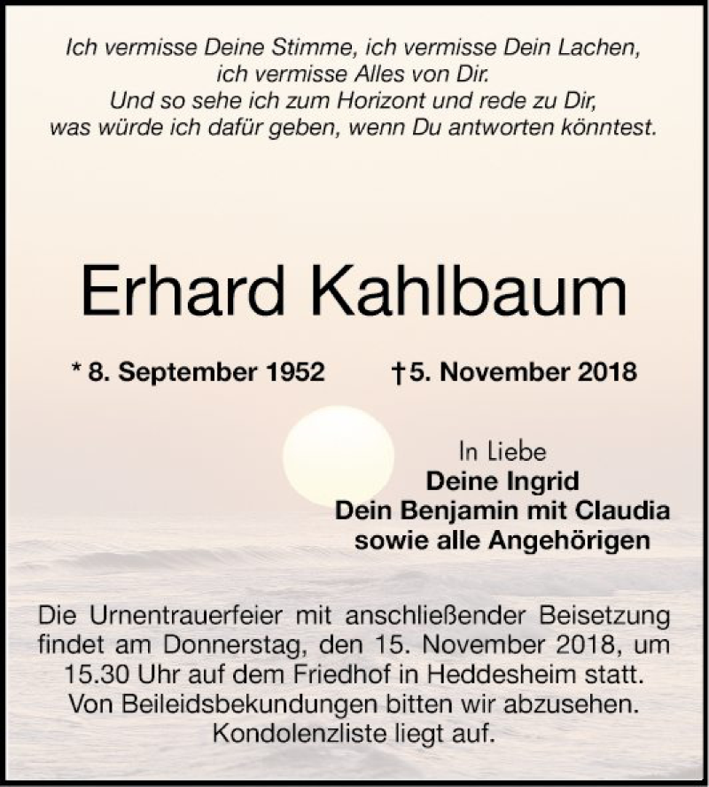  Traueranzeige für Erhard Kahlbaum vom 13.11.2018 aus Mannheimer Morgen