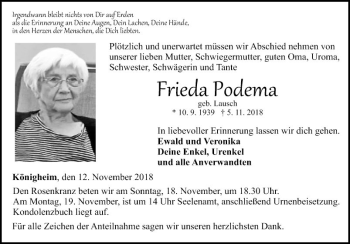 Traueranzeige von Frieda Podema von Fränkische Nachrichten