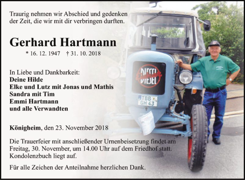  Traueranzeige für Gerhard Hartmann vom 23.11.2018 aus Fränkische Nachrichten
