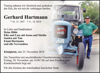 Traueranzeige von Gerhard Hartmann von Fränkische Nachrichten