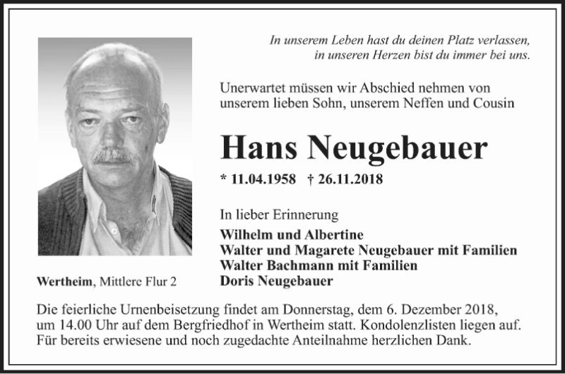  Traueranzeige für Hans Neugebauer vom 01.12.2018 aus Fränkische Nachrichten