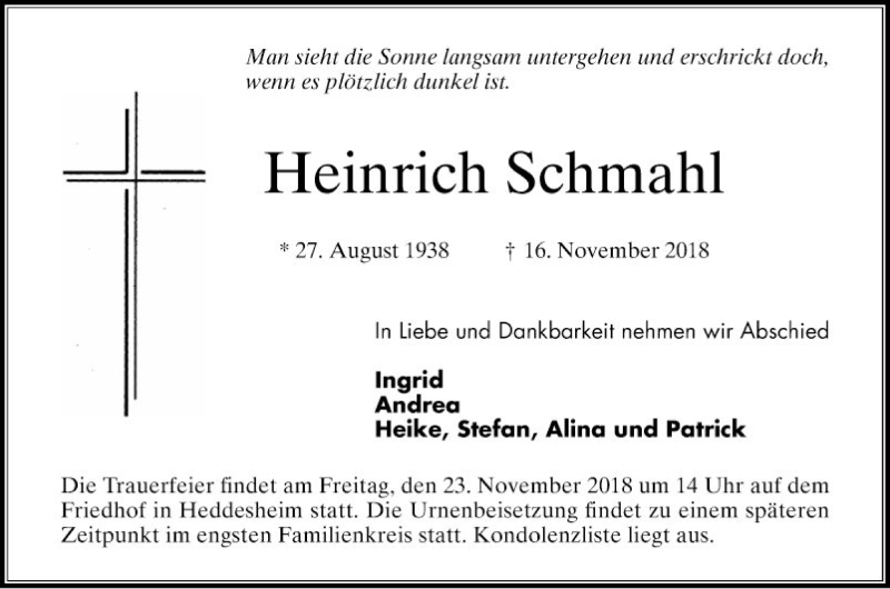  Traueranzeige für Heinrich Schmahl vom 20.11.2018 aus Mannheimer Morgen