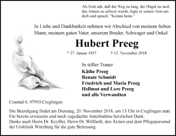 Traueranzeige von Hubert Preeg von Fränkische Nachrichten