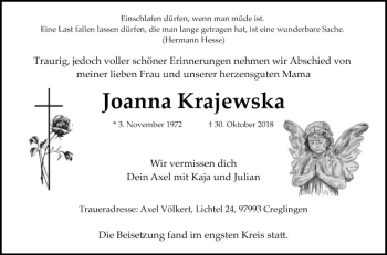 Traueranzeige von Joanna Krajewska von Fränkische Nachrichten