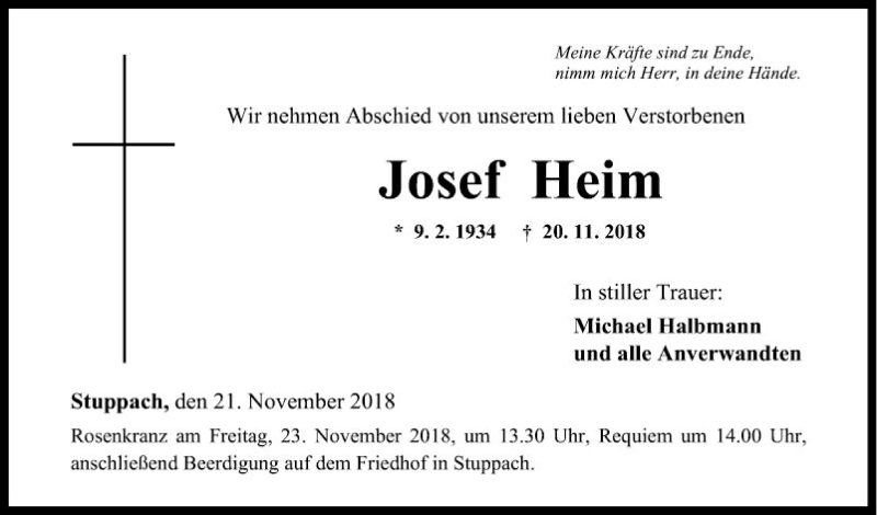  Traueranzeige für Josef Heim vom 21.11.2018 aus Fränkische Nachrichten