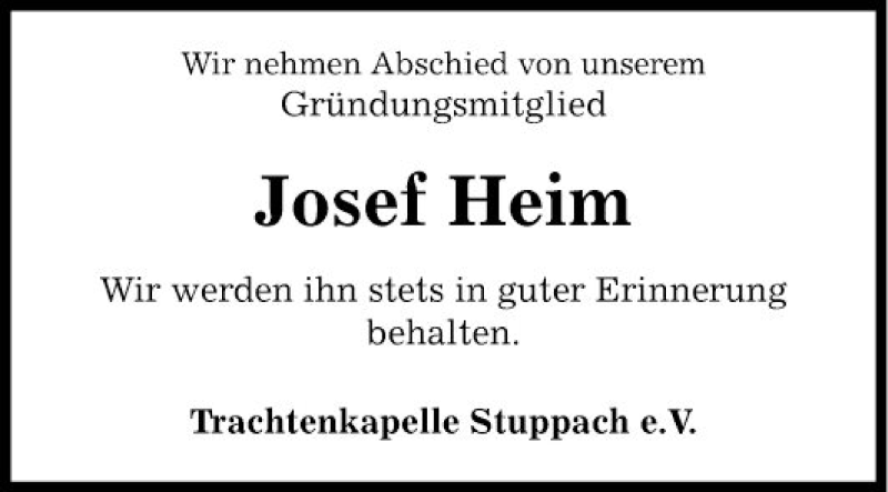  Traueranzeige für Josef Heim vom 29.11.2018 aus Fränkische Nachrichten