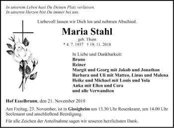 Traueranzeige von Maria Stahl von Fränkische Nachrichten
