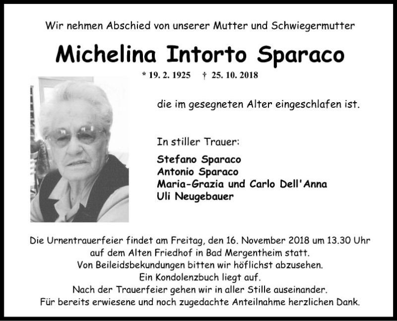  Traueranzeige für Michelina Intorto Sparaco vom 13.11.2018 aus Fränkische Nachrichten