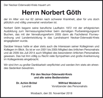 Traueranzeige von Norbert Göth von Fränkische Nachrichten