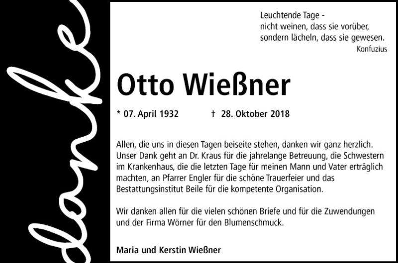  Traueranzeige für Otto Wießner vom 09.11.2018 aus Fränkische Nachrichten