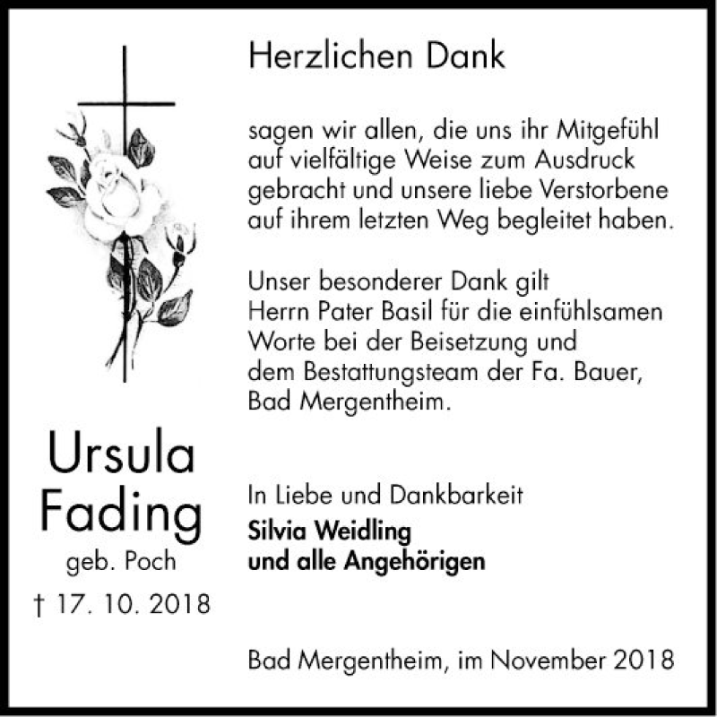  Traueranzeige für Ursula Fading vom 01.12.2018 aus Fränkische Nachrichten