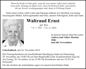 Traueranzeige von Waltraud Ernst von Fränkische Nachrichten