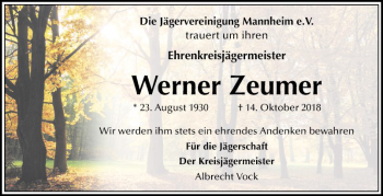 Traueranzeige von Werner Zeumer von Mannheimer Morgen