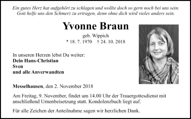  Traueranzeige für Yvonne Braun vom 02.11.2018 aus Fränkische Nachrichten