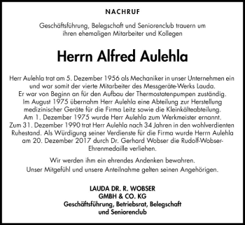 Traueranzeige von Alfred Aulehla von Fränkische Nachrichten