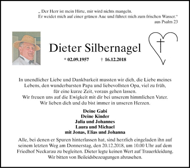  Traueranzeige für Dieter Silbernagel vom 18.12.2018 aus Mannheimer Morgen