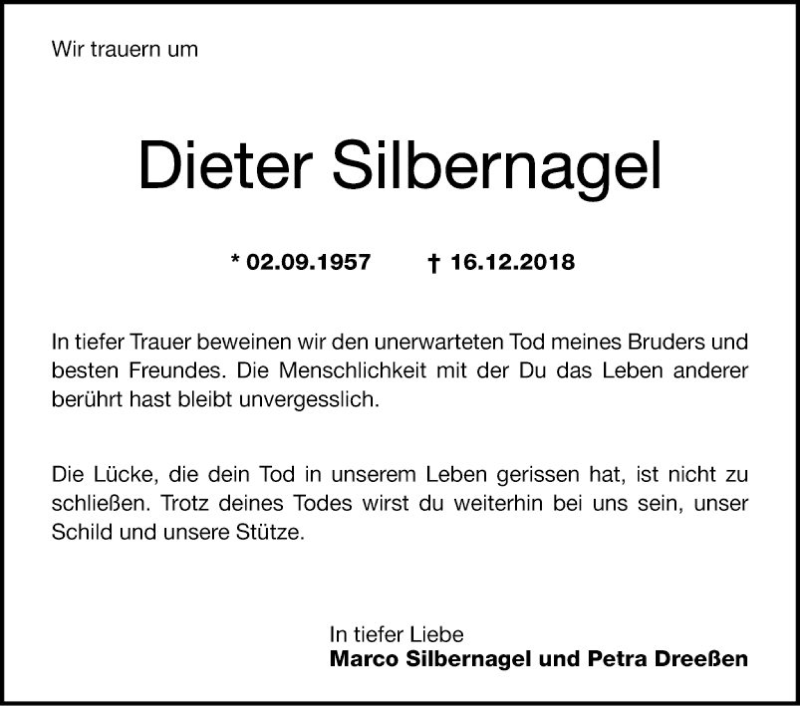  Traueranzeige für Dieter Silbernagel vom 20.12.2018 aus Mannheimer Morgen
