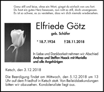 Traueranzeige von Elfriede Götz von Schwetzinger Zeitung
