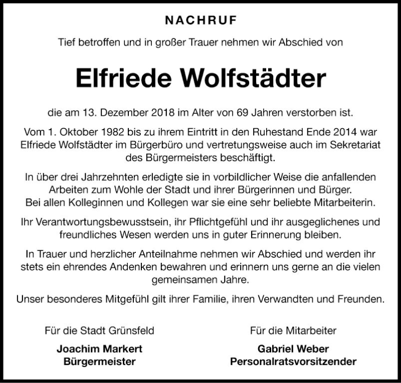  Traueranzeige für Elfriede Wolfstädter vom 20.12.2018 aus Fränkische Nachrichten
