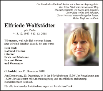 Traueranzeige von Elfriede Wolfstädter von Fränkische Nachrichten