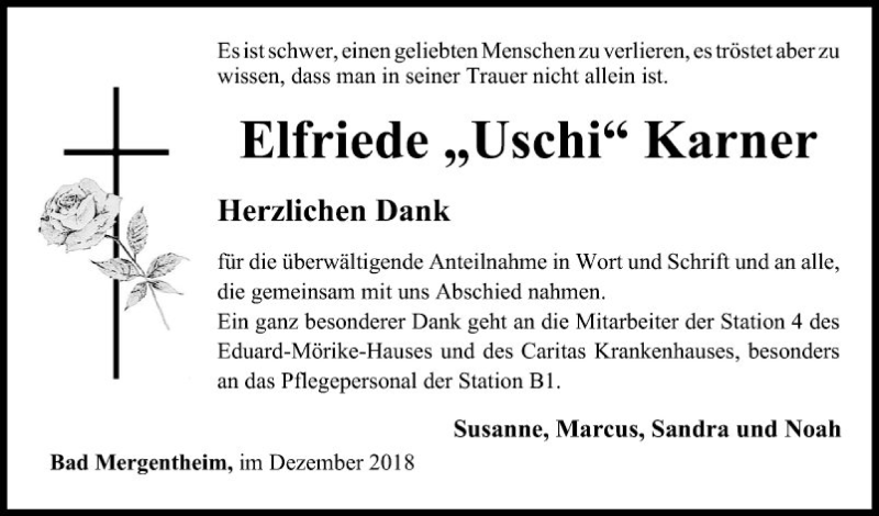  Traueranzeige für Elfriede Uschi Karner vom 22.12.2018 aus Fränkische Nachrichten