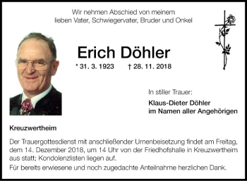 Traueranzeige von Erich Döhler von Fränkische Nachrichten