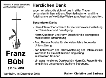 Traueranzeige von Franz Bübl von Fränkische Nachrichten