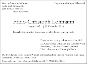 Traueranzeige von Frido-Christoph Lohmann von Fränkische Nachrichten