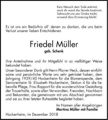 Traueranzeige von Friedel Müller von Schwetzinger Zeitung