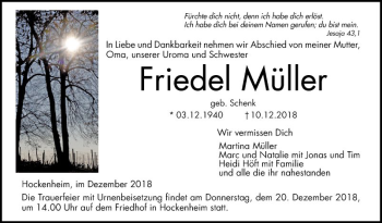 Traueranzeige von Friedel Müller von Schwetzinger Zeitung