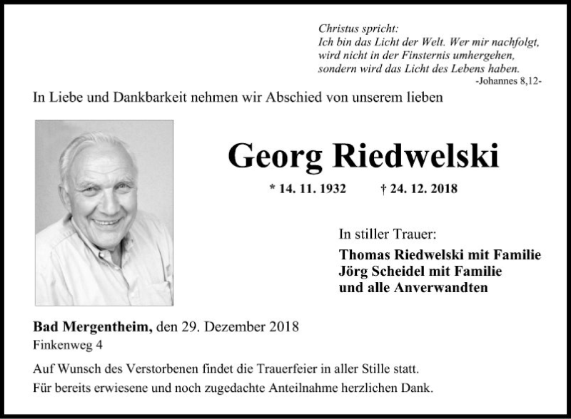 Traueranzeige für Georg Riedwelski vom 29.12.2018 aus Fränkische Nachrichten