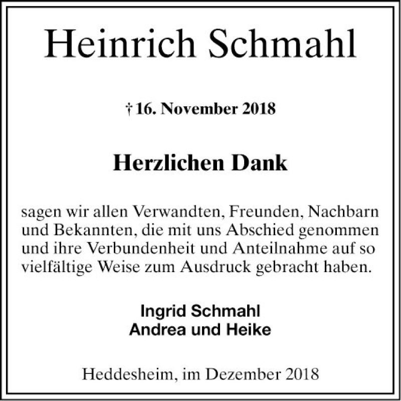  Traueranzeige für Heinrich Schmahl vom 06.12.2018 aus Mannheimer Morgen