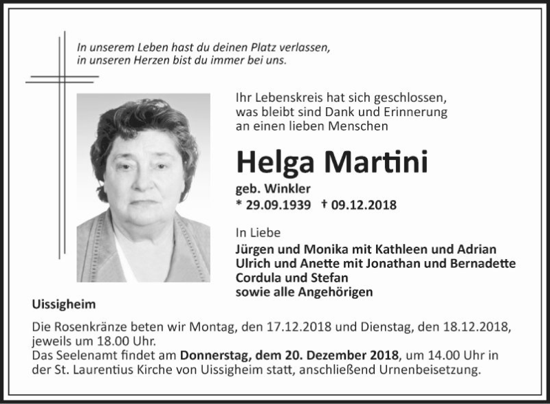  Traueranzeige für Helga Martini vom 15.12.2018 aus Fränkische Nachrichten