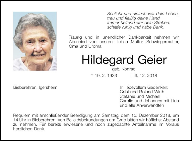 Traueranzeigen von Hildegard Geiger | Trauerportal Ihrer Tageszeitung