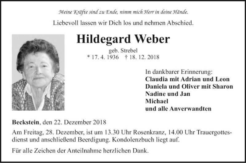  Traueranzeige für Hildegard Weber vom 22.12.2018 aus Fränkische Nachrichten