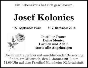 Traueranzeige von Monika Kolonics von Mannheimer Morgen