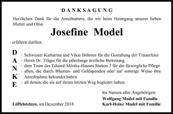 Traueranzeige von Josefine Model von Fränkische Nachrichten