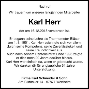 Traueranzeige von Karl Herr von Fränkische Nachrichten