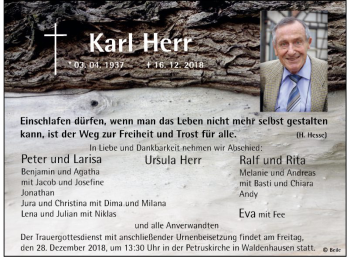 Traueranzeige von Karl Herr von Fränkische Nachrichten
