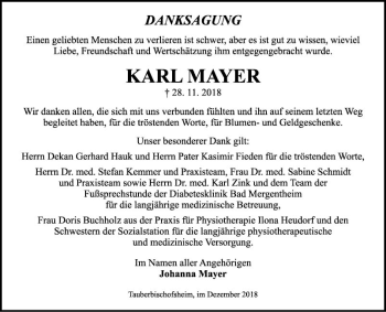 Traueranzeige von Karl Mayer von Fränkische Nachrichten