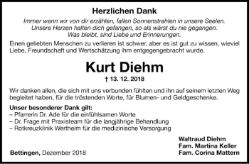 Traueranzeige von Kurt Diehm von Fränkische Nachrichten