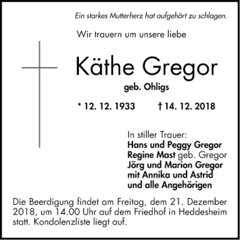 Traueranzeige von Käthe Gregor von Mannheimer Morgen
