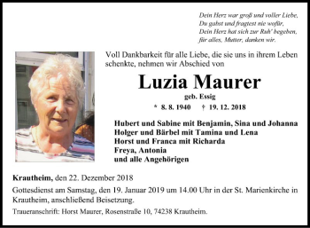 Traueranzeige von Luzia Maurer von Fränkische Nachrichten