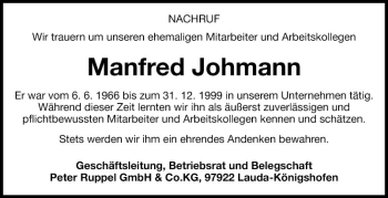 Traueranzeige von Manfred Johmann von Fränkische Nachrichten