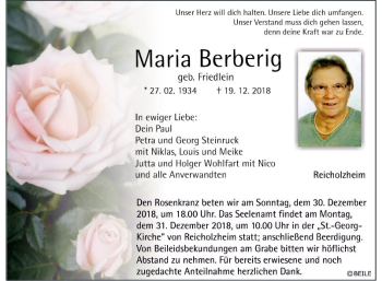 Traueranzeige von Maria Berberig von Fränkische Nachrichten